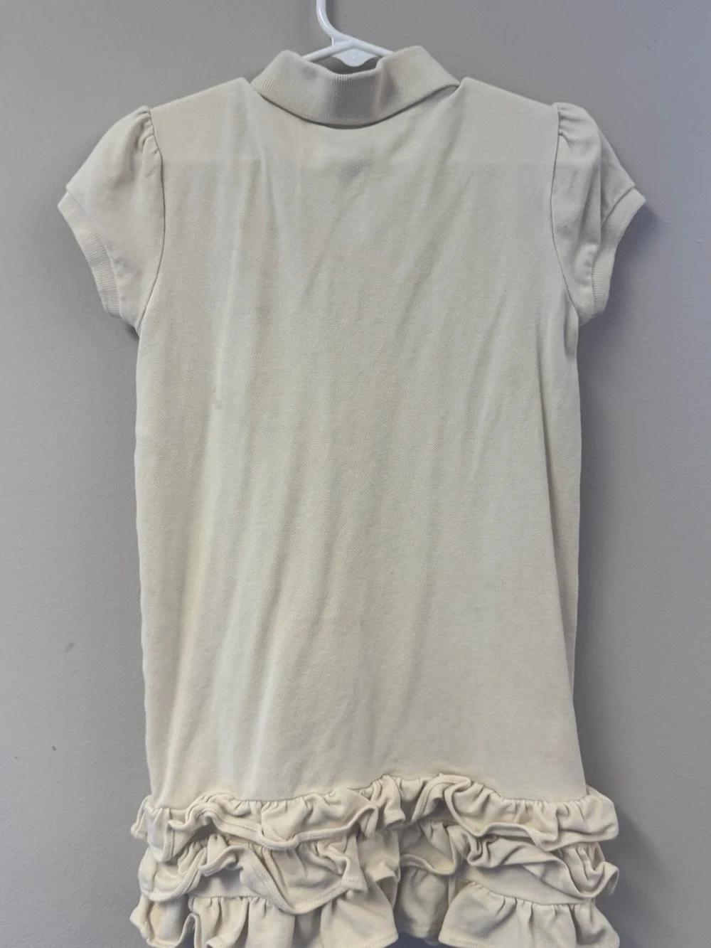 Ralph Lauren Cream Polo Dress with Embroidered Bear and Ruffle Hem